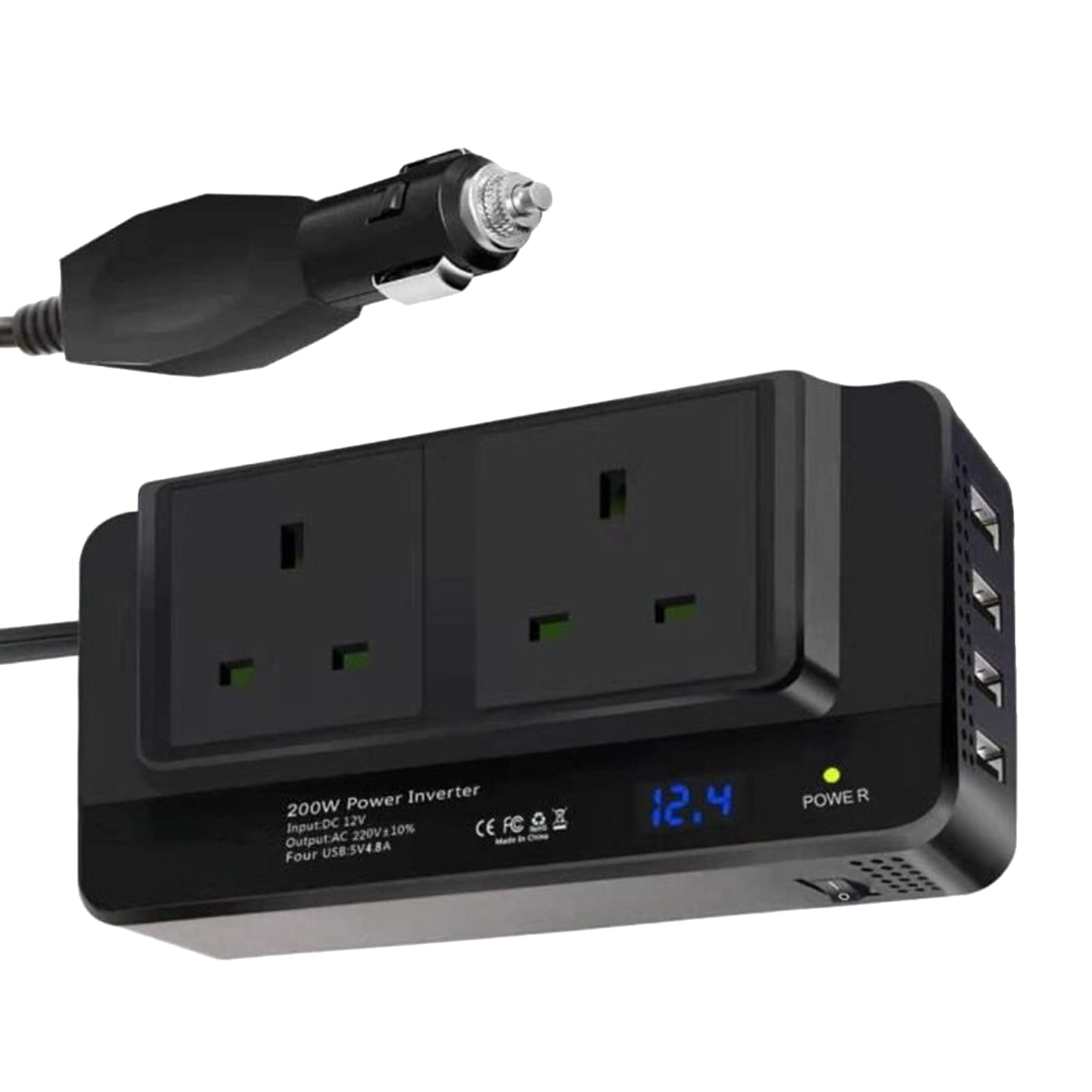 200W Power Inverter DC 12V to 220V AC Car Power Inverter 4 USB Ports Charger Adapter Car Plug Converter with Switch Current LCD Screen