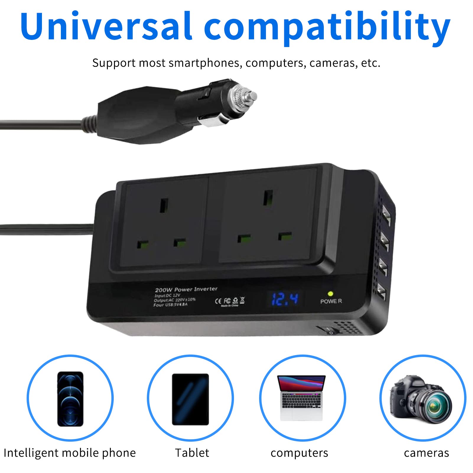 200W Power Inverter DC 12V to 220V AC Car Power Inverter 4 USB Ports Charger Adapter Car Plug Converter with Switch Current LCD Screen