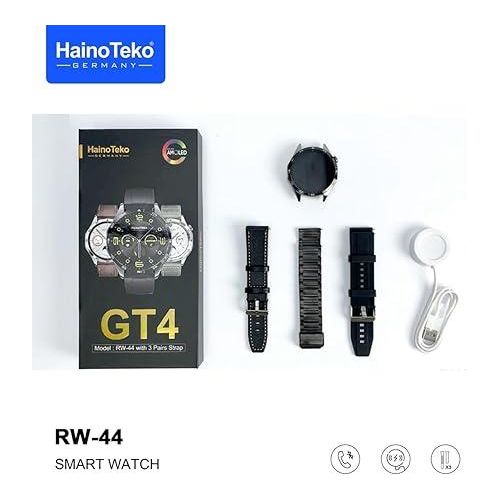 Haino Teko RW44 Round Screen AMOLED Display Smart Watch With 3 Pair Straps and Wireless Charger For Gents and Boys Black