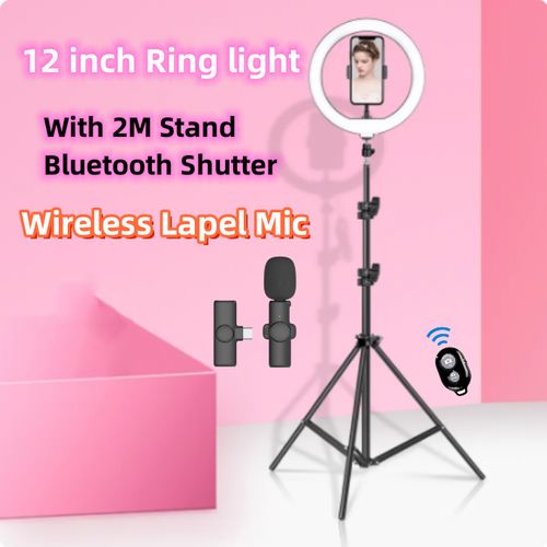 12 Inch LED Ring Light With 210mm Stand Tripod, Wireless Lapel Microphone And Bluetooth Remote