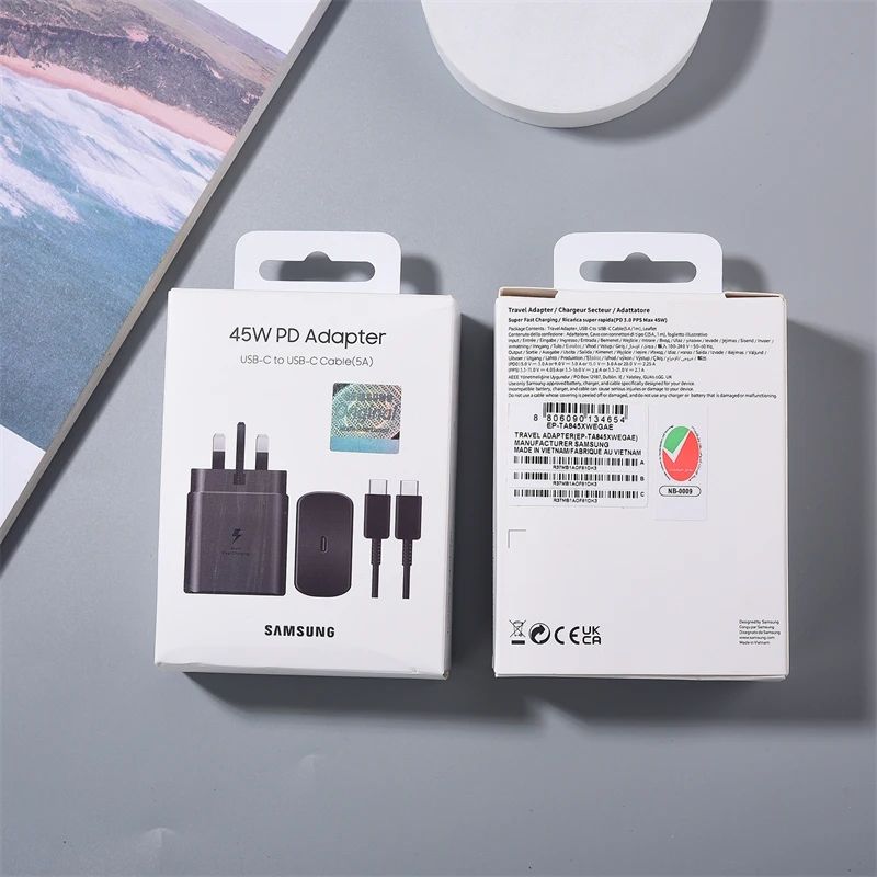 High Quality Original Samsung 45W/25W PD USB-C Adapter, USB-C to USB (5A) 1M Cable, Apple USB-C to Lightning 1M Cable, and USB-C Data Cable – Sold Separately