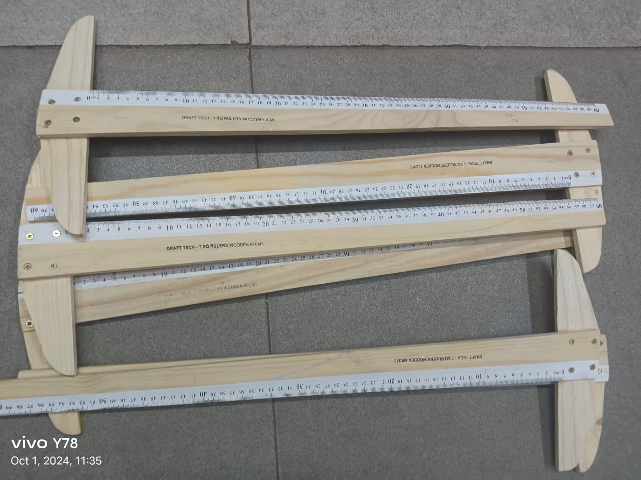 Wooden T-Square Ruler Tool with Inch and Centimeter Measures for Architectural and Engineering Drawing