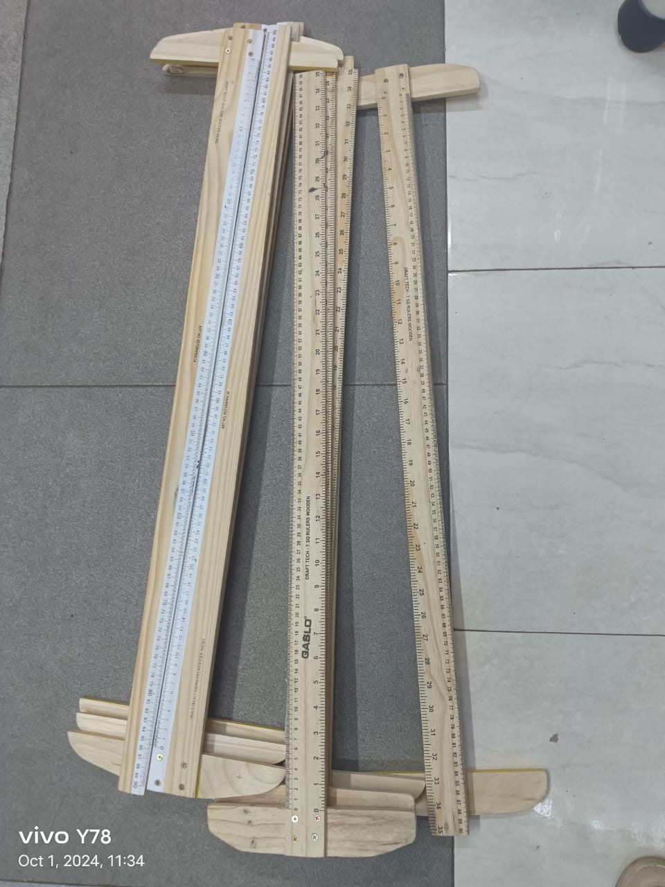 Wooden T-Square Ruler Tool with Inch and Centimeter Measures for Architectural and Engineering Drawing