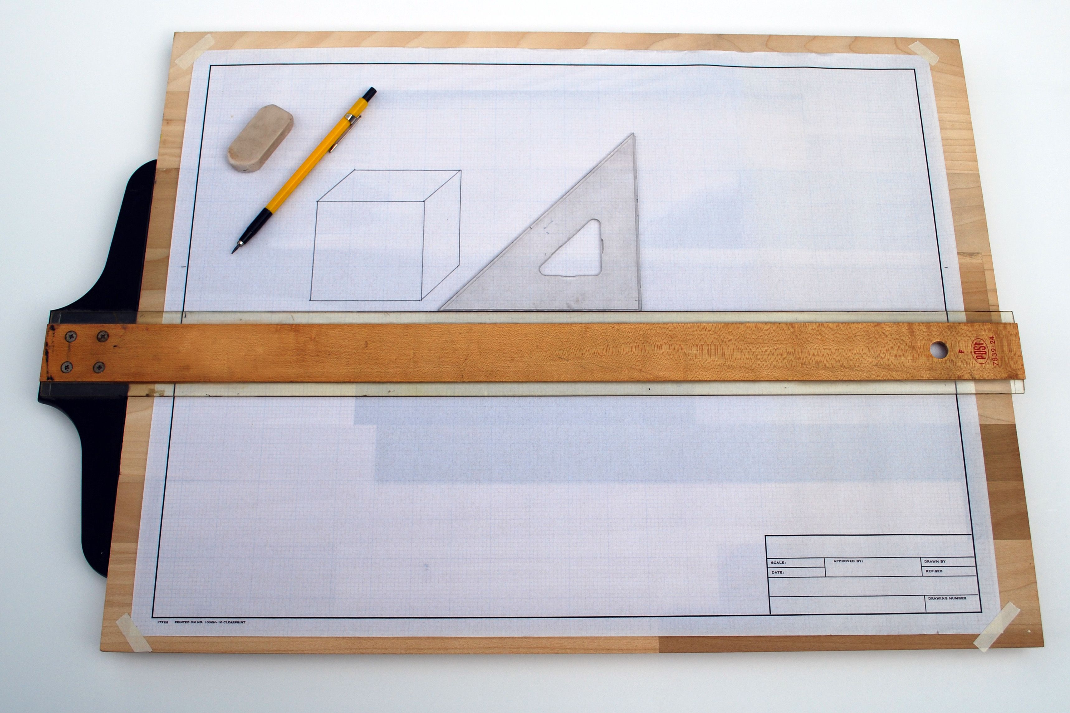 Wooden T-Square Ruler Tool with Inch and Centimeter Measures for Architectural and Engineering Drawing