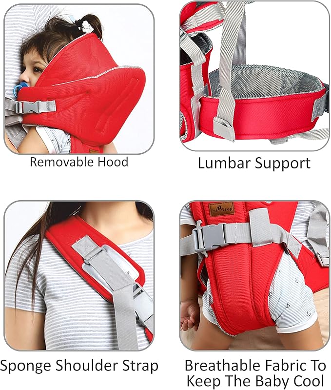 👶 6-in-1 Ergonomic Baby Carrier with Lumbar Support – Red & Blue (For Babies 4 to 18 Months / Supports Up to 14 kg)
