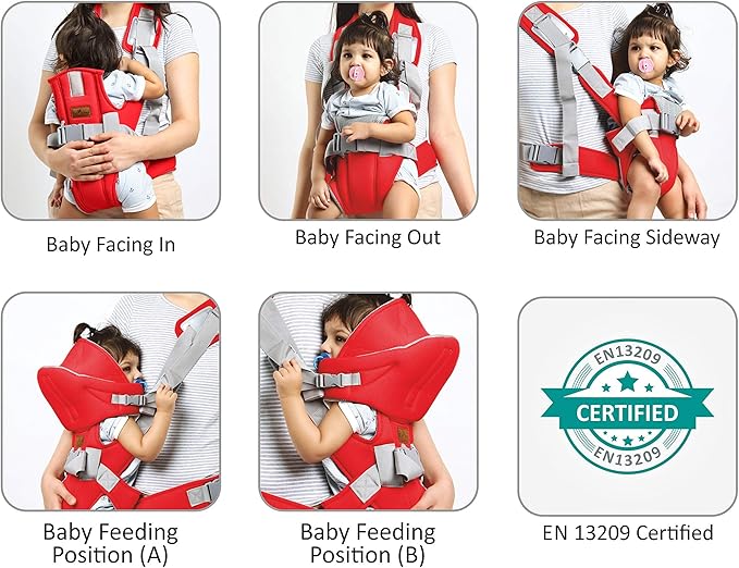 👶 6-in-1 Ergonomic Baby Carrier with Lumbar Support – Red & Blue (For Babies 4 to 18 Months / Supports Up to 14 kg)