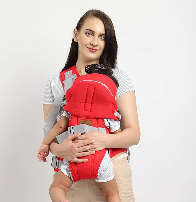 👶 6-in-1 Ergonomic Baby Carrier with Lumbar Support – Red & Blue (For Babies 4 to 18 Months / Supports Up to 14 kg)