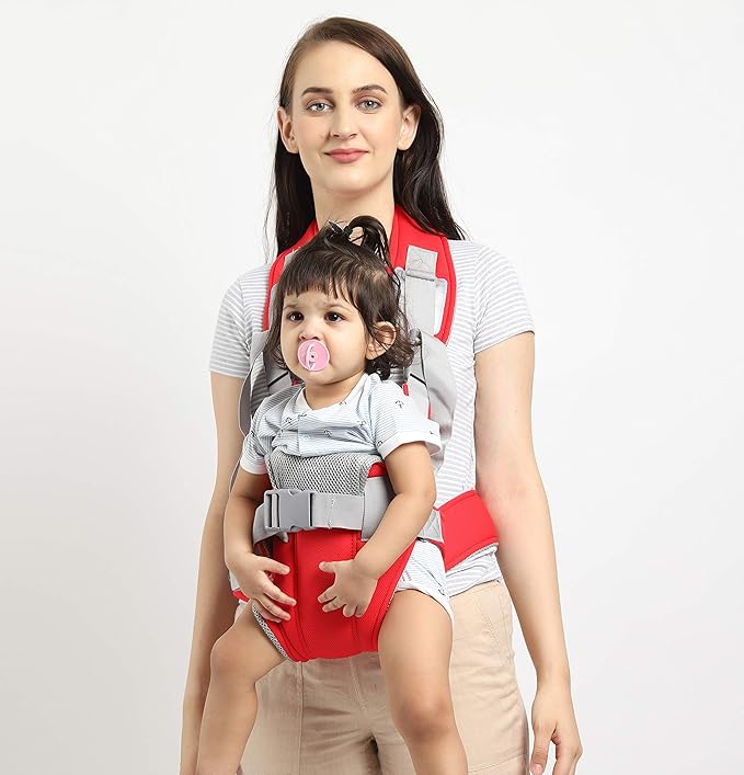 👶 6-in-1 Ergonomic Baby Carrier with Lumbar Support – Red & Blue (For Babies 4 to 18 Months / Supports Up to 14 kg)