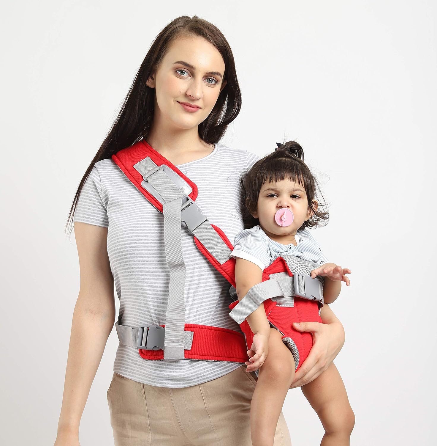 👶 6-in-1 Ergonomic Baby Carrier with Lumbar Support – Red & Blue (For Babies 4 to 18 Months / Supports Up to 14 kg)