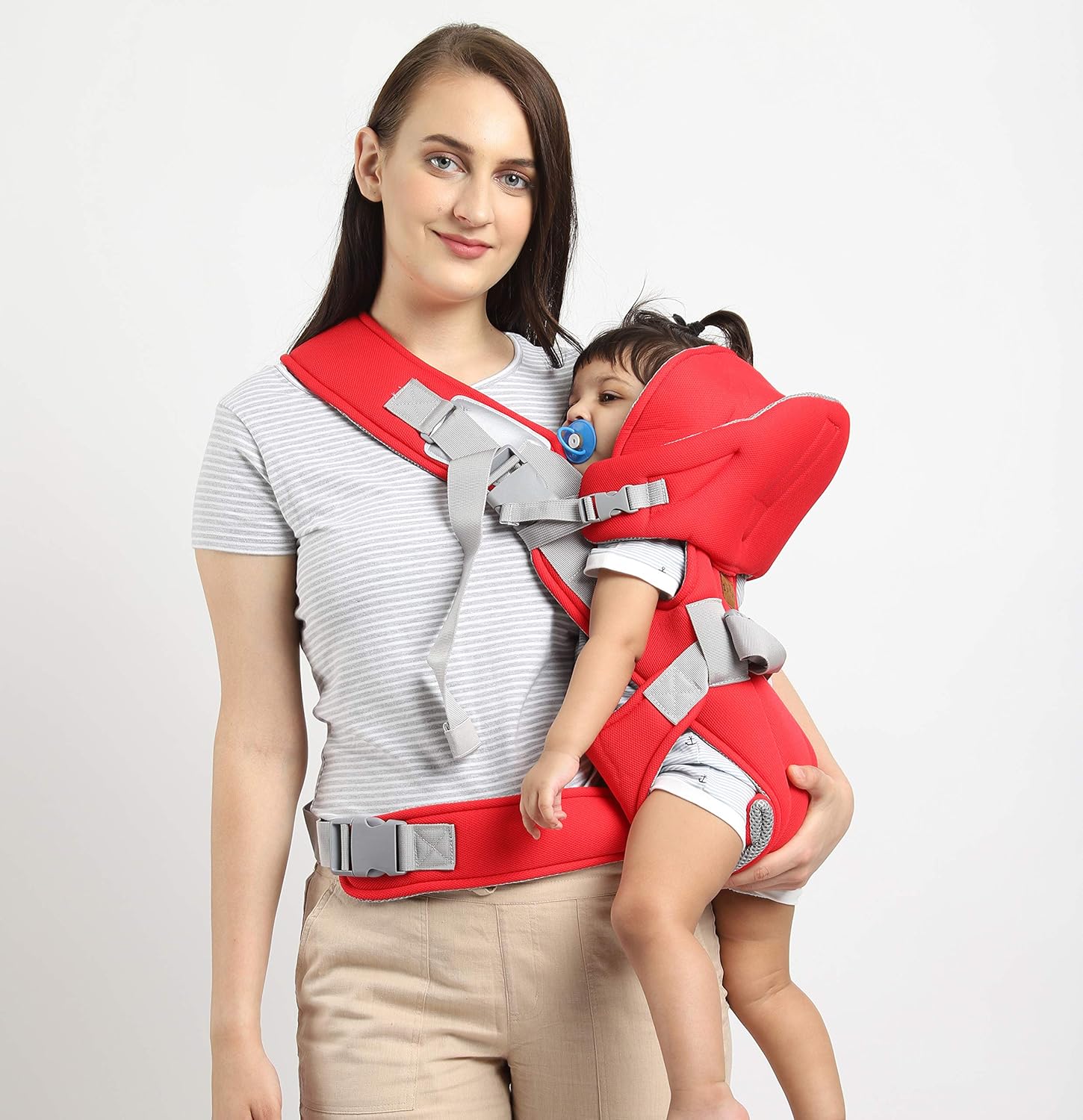 👶 6-in-1 Ergonomic Baby Carrier with Lumbar Support – Red & Blue (For Babies 4 to 18 Months / Supports Up to 14 kg)