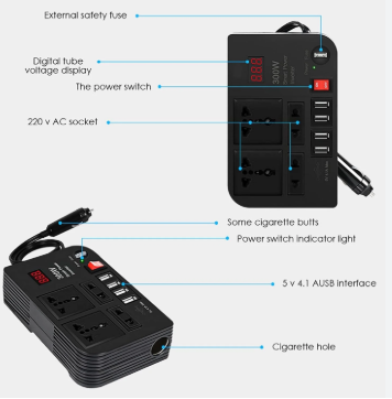 300W Car Power Inverter DC 12V to AC 220V – 4 USB Ports, 4 AC Outlets & Cigarette Lighter Socket – Compact & Durable Power Converter