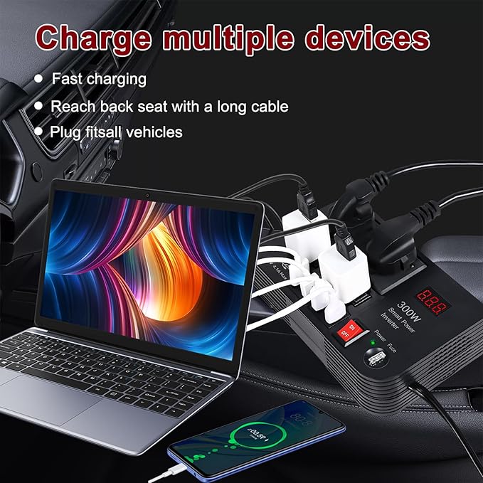 300W Car Power Inverter DC 12V to AC 220V – 4 USB Ports, 4 AC Outlets & Cigarette Lighter Socket – Compact & Durable Power Converter