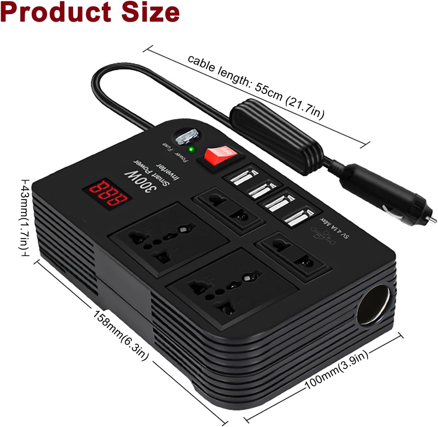 300W Car Power Inverter DC 12V to AC 220V – 4 USB Ports, 4 AC Outlets & Cigarette Lighter Socket – Compact & Durable Power Converter