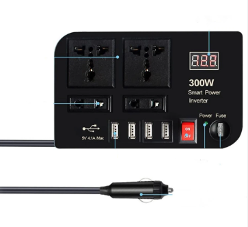 300W Car Power Inverter DC 12V to AC 220V – 4 USB Ports, 4 AC Outlets & Cigarette Lighter Socket – Compact & Durable Power Converter