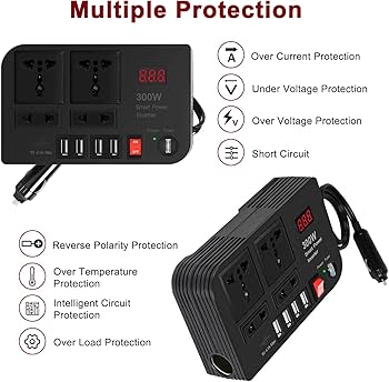 300W Car Power Inverter DC 12V to AC 220V – 4 USB Ports, 4 AC Outlets & Cigarette Lighter Socket – Compact & Durable Power Converter
