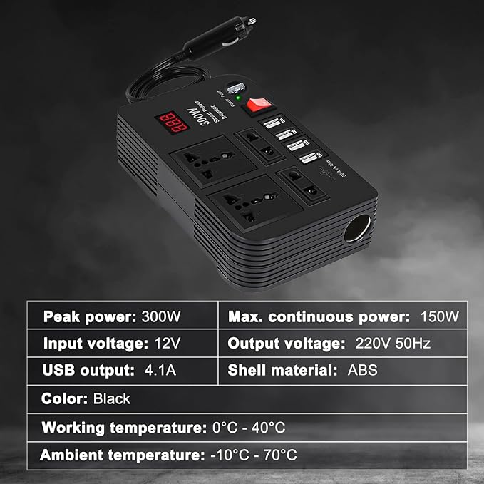 300W Car Power Inverter DC 12V to AC 220V – 4 USB Ports, 4 AC Outlets & Cigarette Lighter Socket – Compact & Durable Power Converter