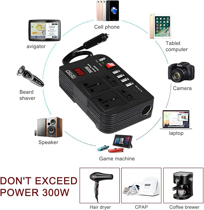 300W Car Power Inverter DC 12V to AC 220V – 4 USB Ports, 4 AC Outlets & Cigarette Lighter Socket – Compact & Durable Power Converter
