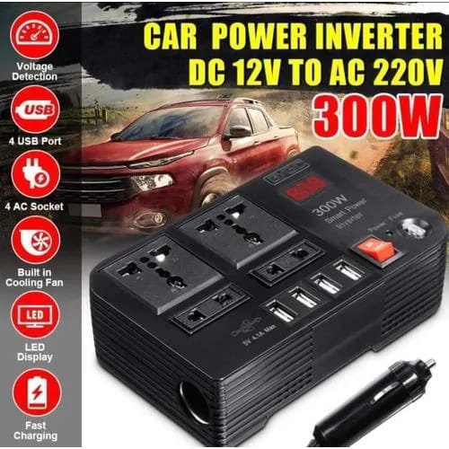 300W Car Power Inverter DC 12V to AC 220V – 4 USB Ports, 4 AC Outlets & Cigarette Lighter Socket – Compact & Durable Power Converter