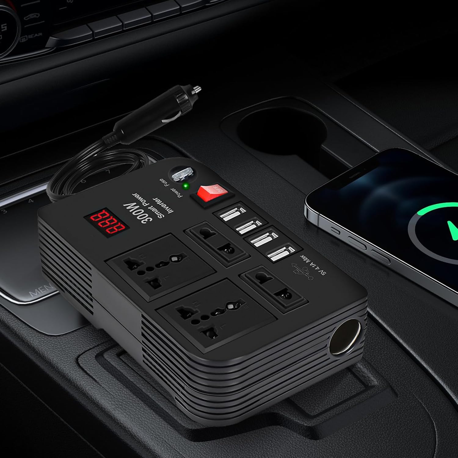 300W Car Power Inverter DC 12V to AC 220V – 4 USB Ports, 4 AC Outlets & Cigarette Lighter Socket – Compact & Durable Power Converter