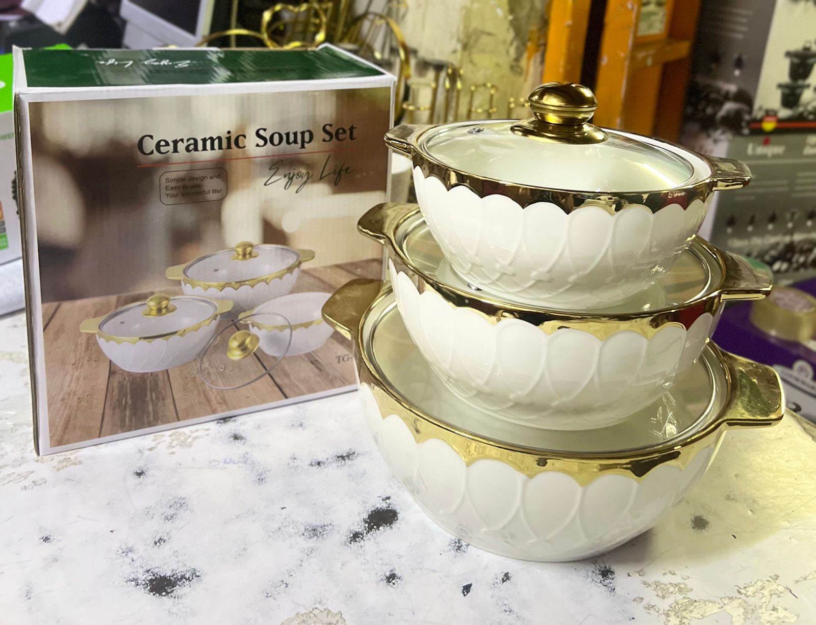3 pcs Ceramic soup pots ,/serving 3l ,2l and 1.5