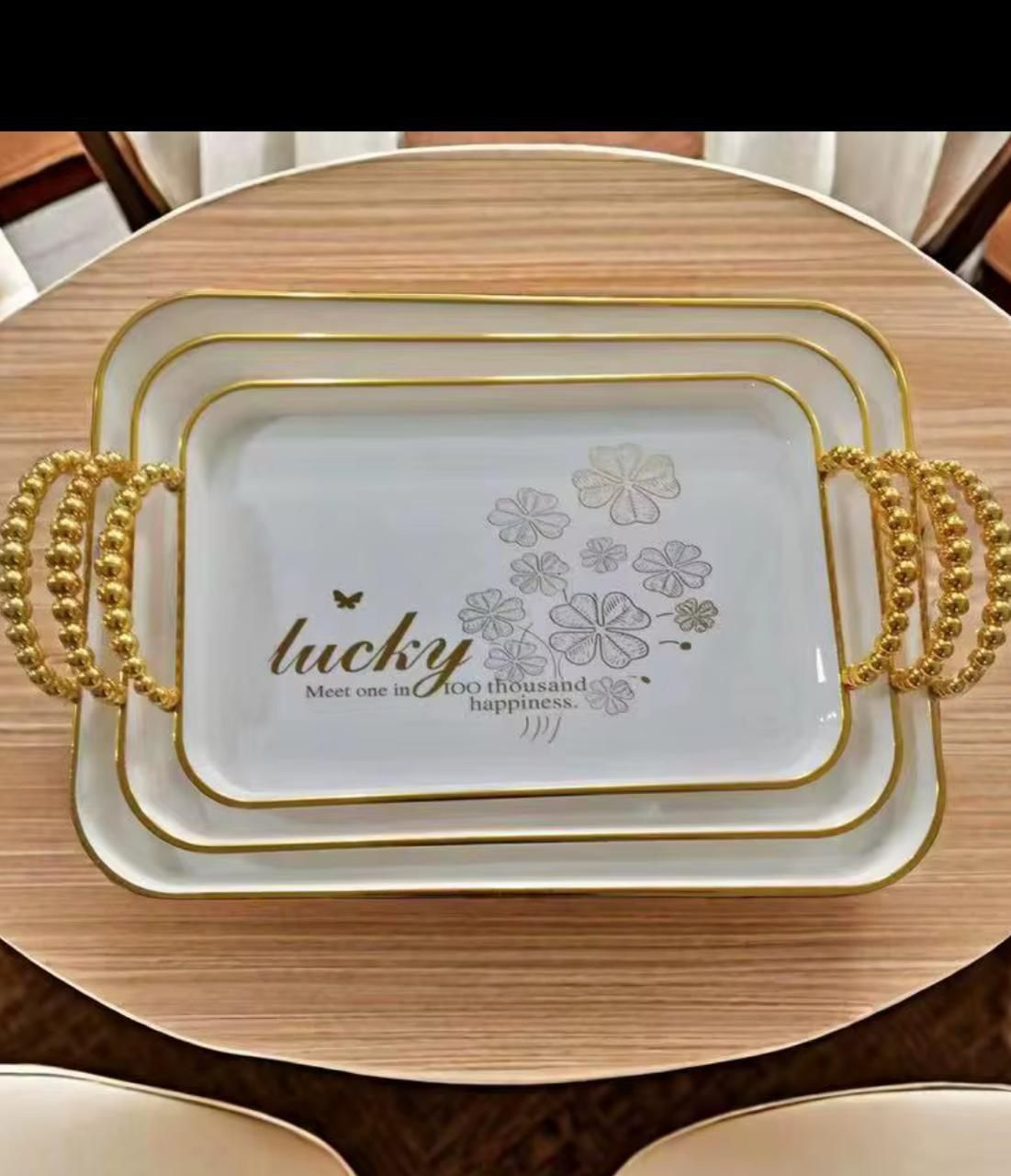 Set of 3 Rectangular Serving Tray / Platters with Gold Handles  Decorative Tabletop Organizational Accent Tray For Living Room, Dining Room, Kitchen, Ottoman, Coffee Table, Bathroom, Vanity, Desk, Off