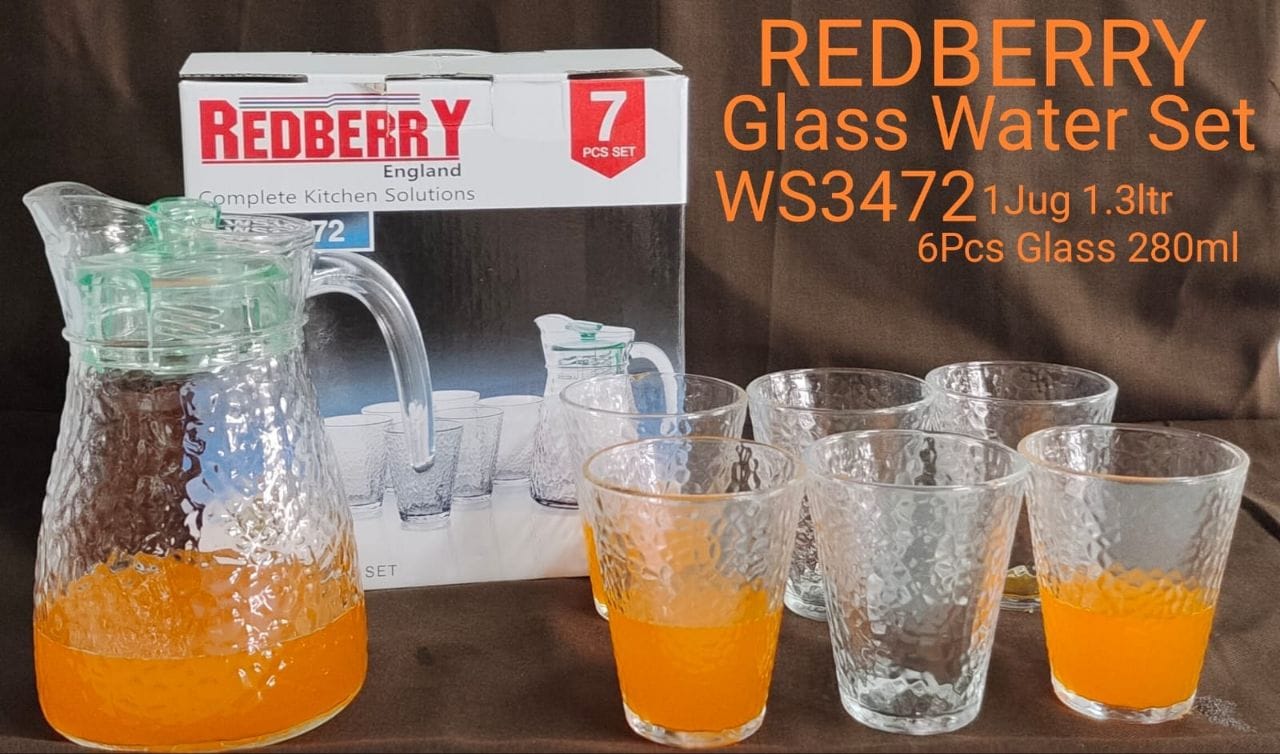 REDBERRY 
7pcs WATER SET. This set can be used to hold liquids that are either cold or warm but not hot. It is perfect for setting the table for presentation purposes which gives your dinning area a w