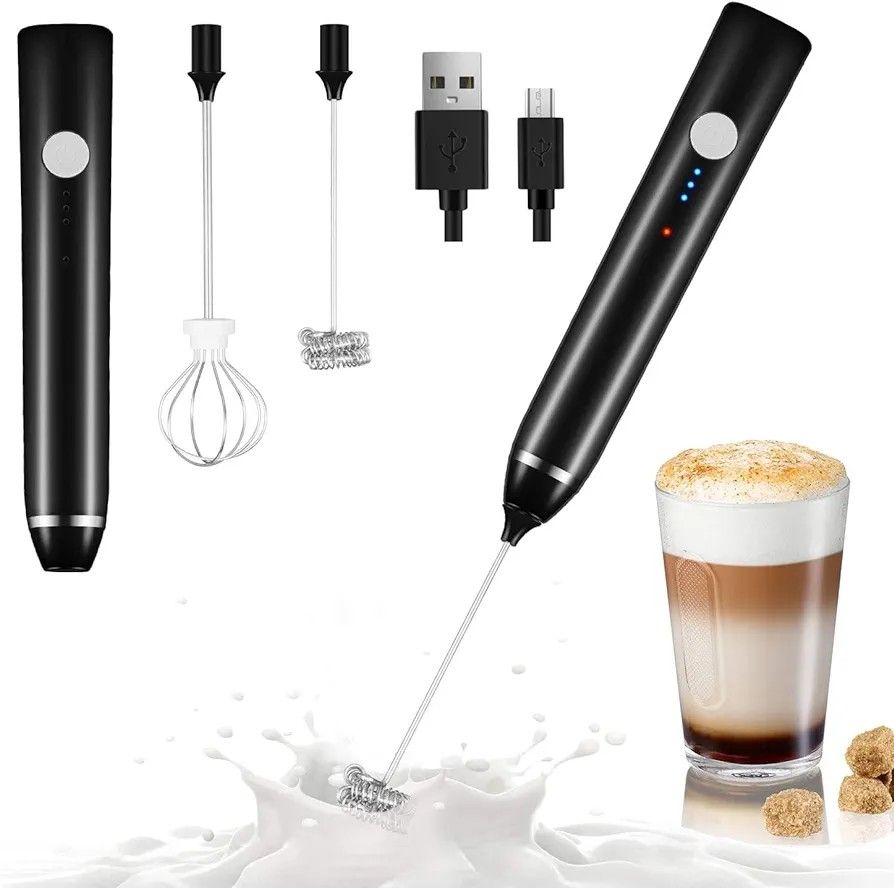 Electronic rechargeable milk brother. This electric milk frother and egg beater is designed for everyday kitchen use, ideal for making coffee drinks, mixing eggs, and light baking tasks.