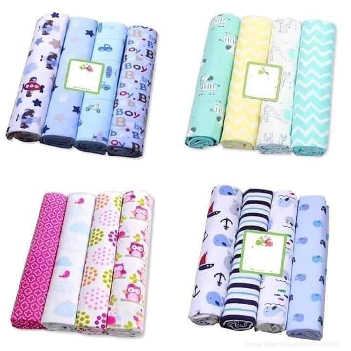 4pcs Cotton Baby Flannels / Receiving Blankets   Flannels are a must-have for all new mothers, both wrapping and nursing. Our flannel receiving blankets are composed of ultra-soft fleece linen, which