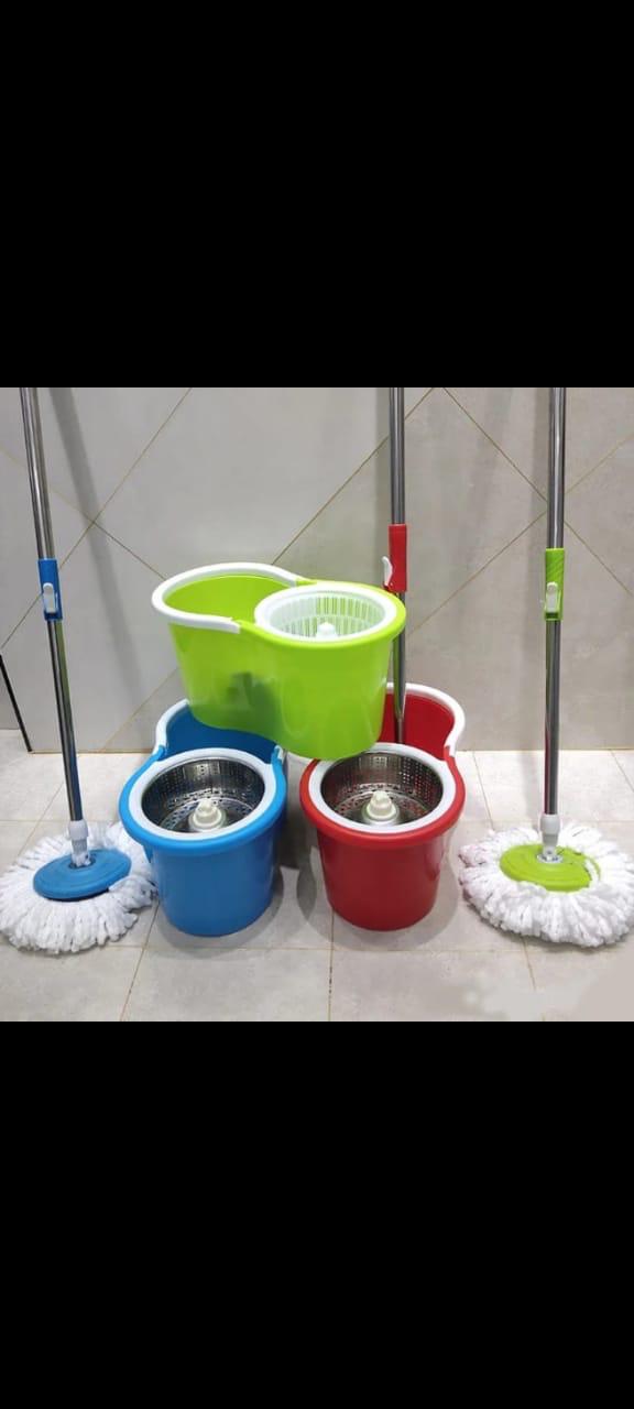 Rotating 360 Spin Mopper And Bucket Set  This labor saving design magic mop can help you cut the cleaning time and save your energy and water. It can do cleaning and drying without any power. It also