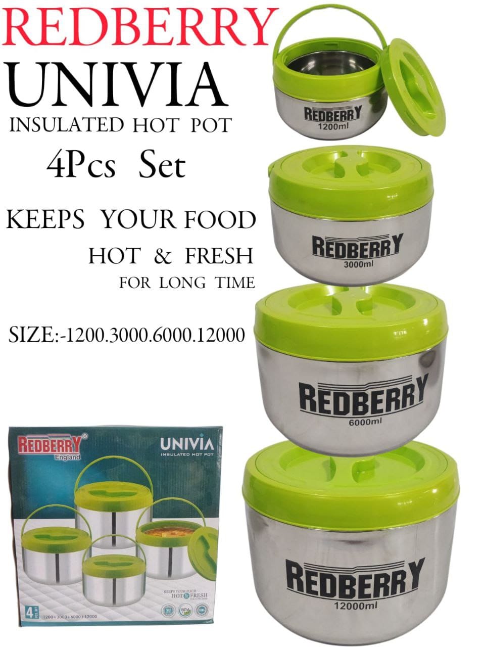 4 pcs univia hotpot Keep your meals hot and fresh for hours with the Redberry Univia Insulated Hotpot 4-Piece Set. Perfect for home use, travel, and picnics, these hotpots are designed to preserve the