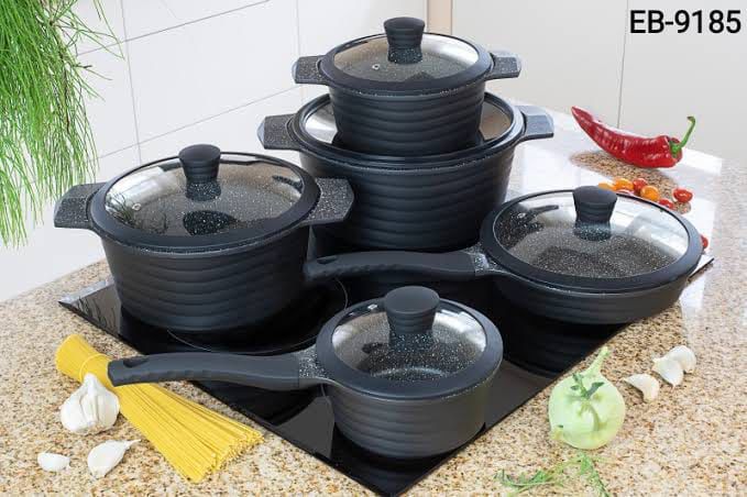 EDENBERG 10 pieces nonstick cookware set  he pots are made of high quality pressed aluminium with a ceramic marble coating which is additionally coated with a non-stick layer. Thanks to this design, t
