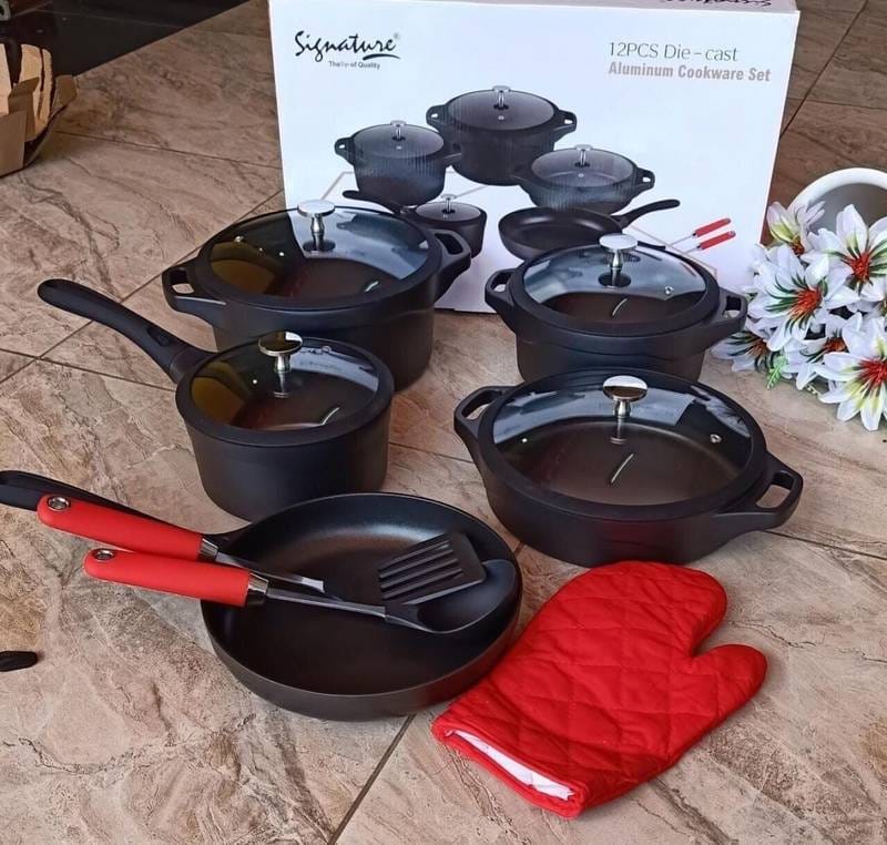 Signature 12PCs Non-Stick Die Cast Cookware Set  The non-stick coating guarantees easy food release, making both cooking and cleanup a breeze. Say goodbye to the frustrations of stuck-on food and hell