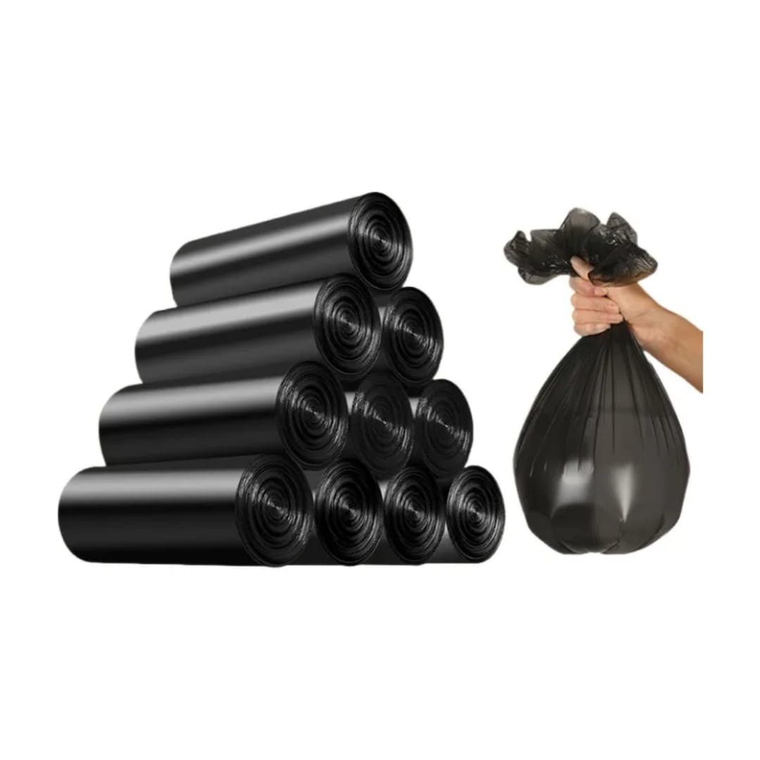 100pcs Black Kitchen Trash Bags Size 45x50cm, Strong & tear-resistant, Leak-proof design – no mess, Thick material for heavy waste, Comes in convenient rolled packs, Durable, portable and disposable.