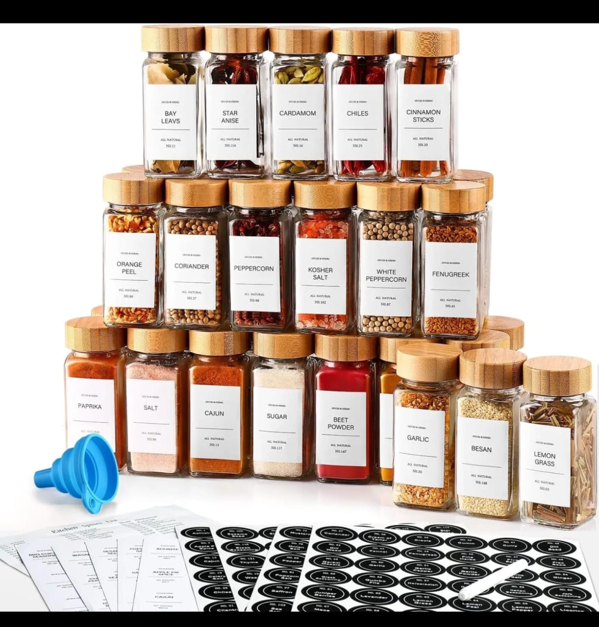 12PCS Spice Containers with Bamboo lid✨Includes.;12pcs Spice Jars , 1 Silicone folding Funnel, Pen brush and lableling stickers