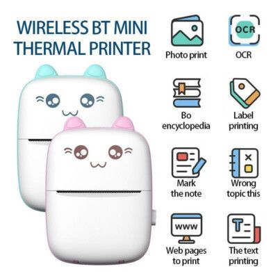 Portable handheld rechargable bluetooth mini printer, Inkless Label, Receipt, Photo & Note Printer 200DPI, Bluetooth Smartphone Connectivity