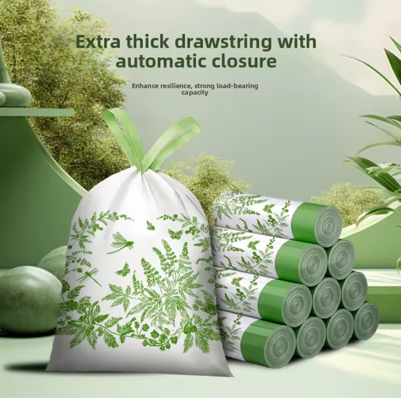 50pcs Extra Thickened Kitchen trash Bags Drawstring Tie Trash Bags Home Use Tear Resistant PE Material for Food Waste