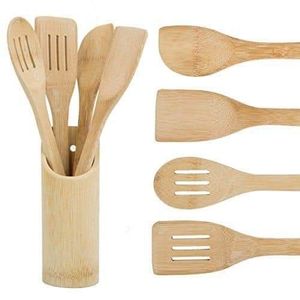 5 Pcs Bamboo Cooking/Serving Spoon Mwiko Set With Holder. Nonstick Bamboo Wooden /Mwiko Spoons Set for Cooking Kitchen Utensil Set