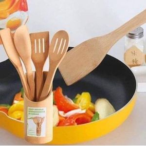 5 Pcs Bamboo Cooking/Serving Spoon Mwiko Set With Holder. Nonstick Bamboo Wooden /Mwiko Spoons Set for Cooking Kitchen Utensil Set