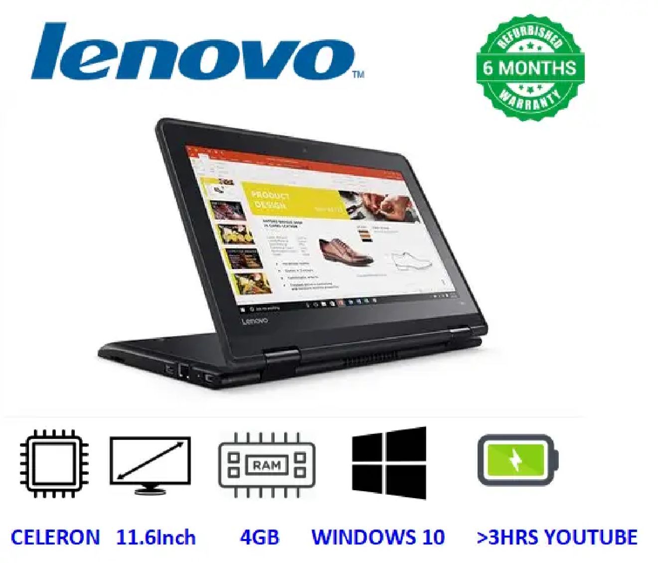 (FREE WIRELESS MOUSE ) LENOVO YOGA 11E4GB RAM 128GB SSD  2 IN 1  TOUCHSCREEN  X360 LAPTOP REFURBISHED  LAPTOP , BLACK , 12" INCH , INSTALLED WINDOWS 11  PRO