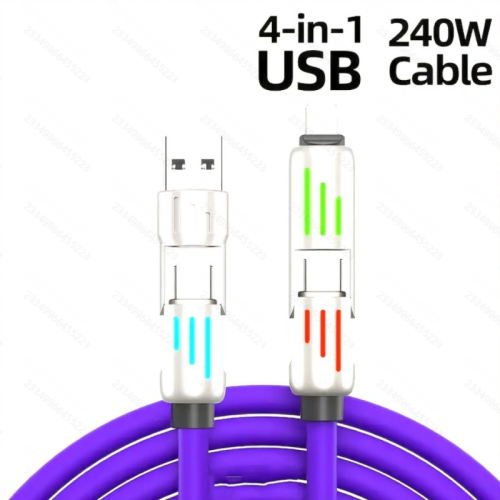 240W 4-in-1 USB-C data cable - PD 5A fast charging and data synchronization. with USB A. TYPE-C, RGB smart breathing light. aluminum alloy design. multi device compatibility. ultra soft silicone data