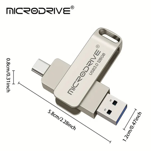 Microdrive USB 3.0 Flash Drive -64GB/128GB/256GB, Type-C, Keychain Flash Drive with Metal Clip, Portable Storage Device, USB Flash Drive