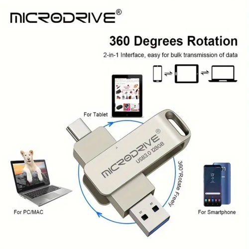 Microdrive USB 3.0 Flash Drive -64GB/128GB/256GB, Type-C, Keychain Flash Drive with Metal Clip, Portable Storage Device, USB Flash Drive