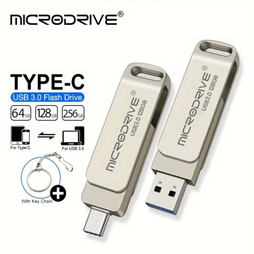 Microdrive USB 3.0 Flash Drive -64GB/128GB/256GB, Type-C, Keychain Flash Drive with Metal Clip, Portable Storage Device, USB Flash Drive