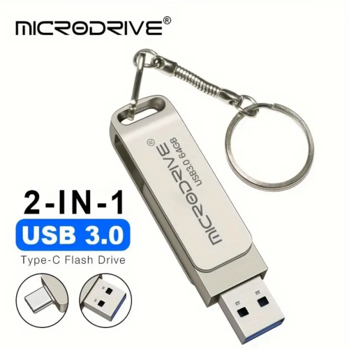 Microdrive USB 3.0 Flash Drive -64GB/128GB/256GB, Type-C, Keychain Flash Drive with Metal Clip, Portable Storage Device, USB Flash Drive