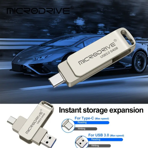 Microdrive USB 3.0 Flash Drive -64GB/128GB/256GB, Type-C, Keychain Flash Drive with Metal Clip, Portable Storage Device, USB Flash Drive