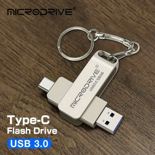 Microdrive USB 3.0 Flash Drive -64GB/128GB/256GB, Type-C, Keychain Flash Drive with Metal Clip, Portable Storage Device, USB Flash Drive