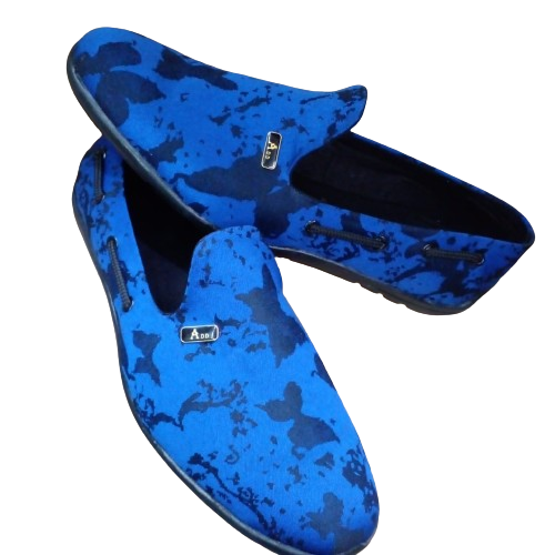 Men’s Ankara Loafers – Handmade African Print Leather Slip-On Shoes for Casual & Formal Wear Blue Patched