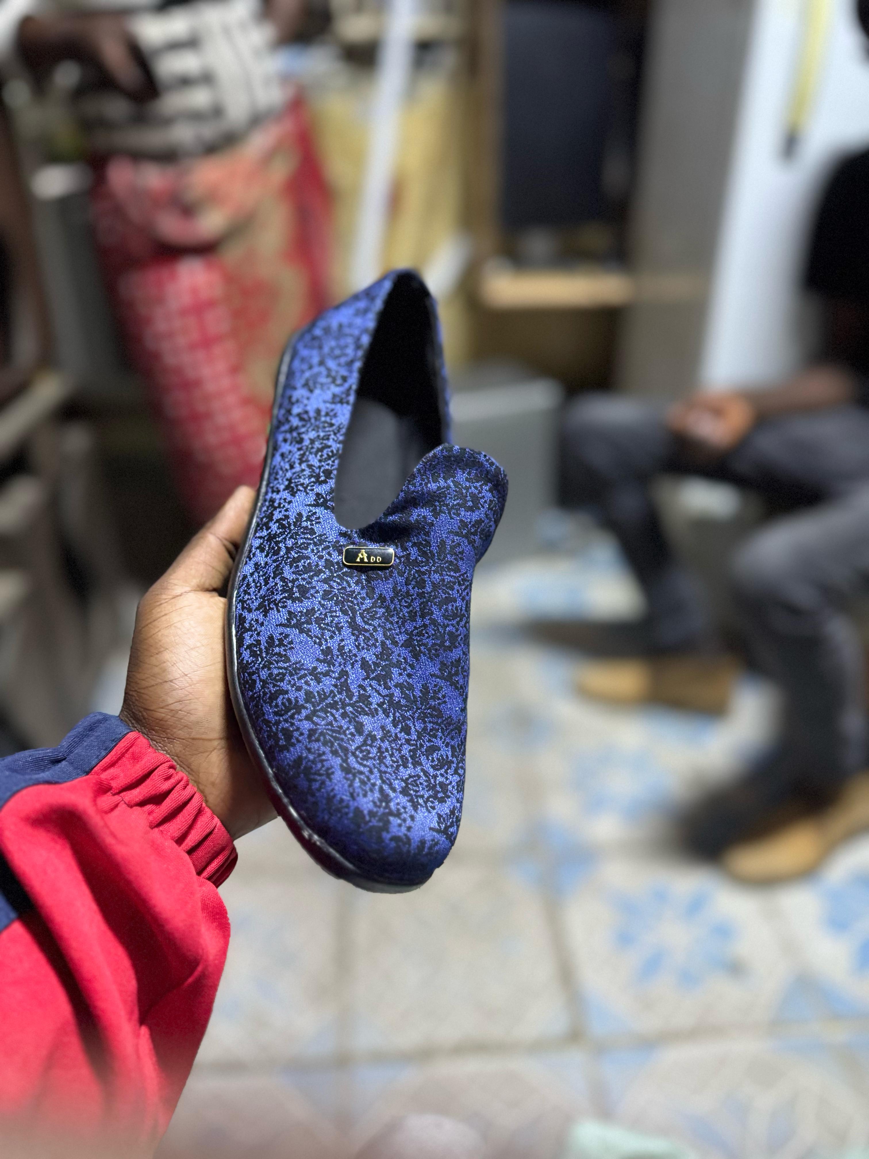 Men’s Ankara Loafers – Handmade African Print Leather Slip-On Shoes for Casual & Formal Wear Blue Patched