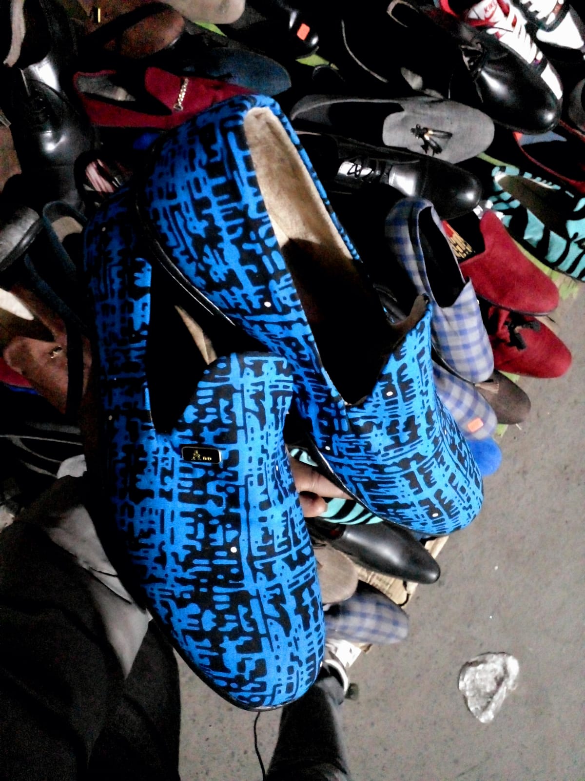 Men’s Ankara Loafers – Handmade African Print Leather Slip-On Shoes for Casual & Formal Wear Blue Patched.