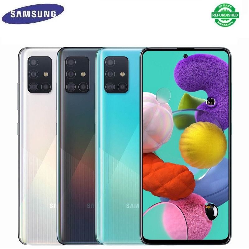 REFURBISHED SAMSUNG A51 4G 128GB ROM 6GB RAM DISPLAY 6.5 INCHES REAR CAMERA 48MP + 12MP + 5MP + 5MP FRONT CAMERA 32 MP BATTERY  CAPACITY 4000Mah ANDROID 10
